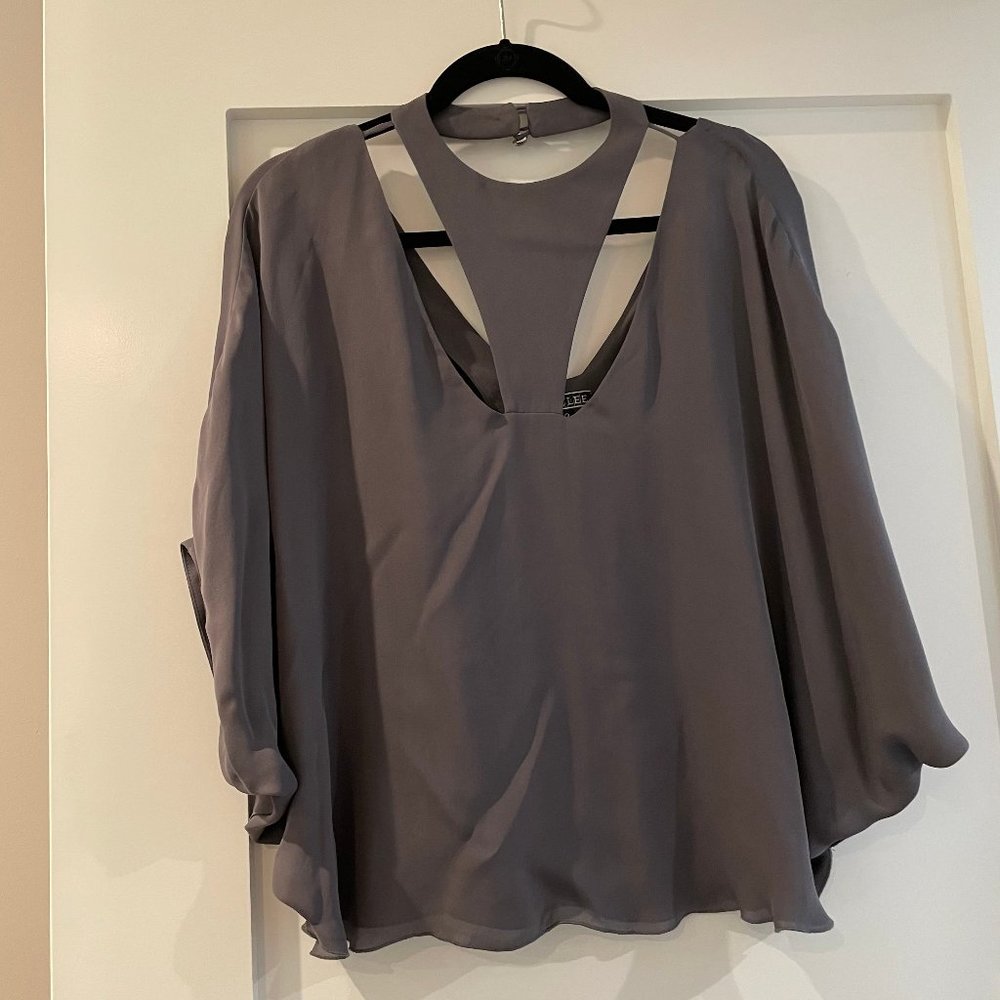 Boulee Gray Silk Cutout Blouse With Dolman Sleeves